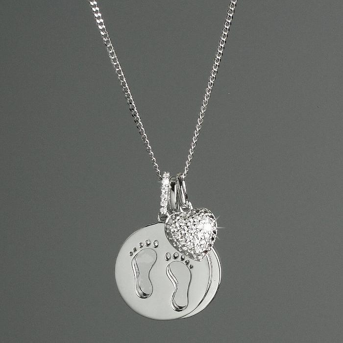 Personalised Sterling Silver Necklace for women new baby Footprints and Cubic Zirconia Heart Necklace gift for her christmas birthday mothers day anniversary