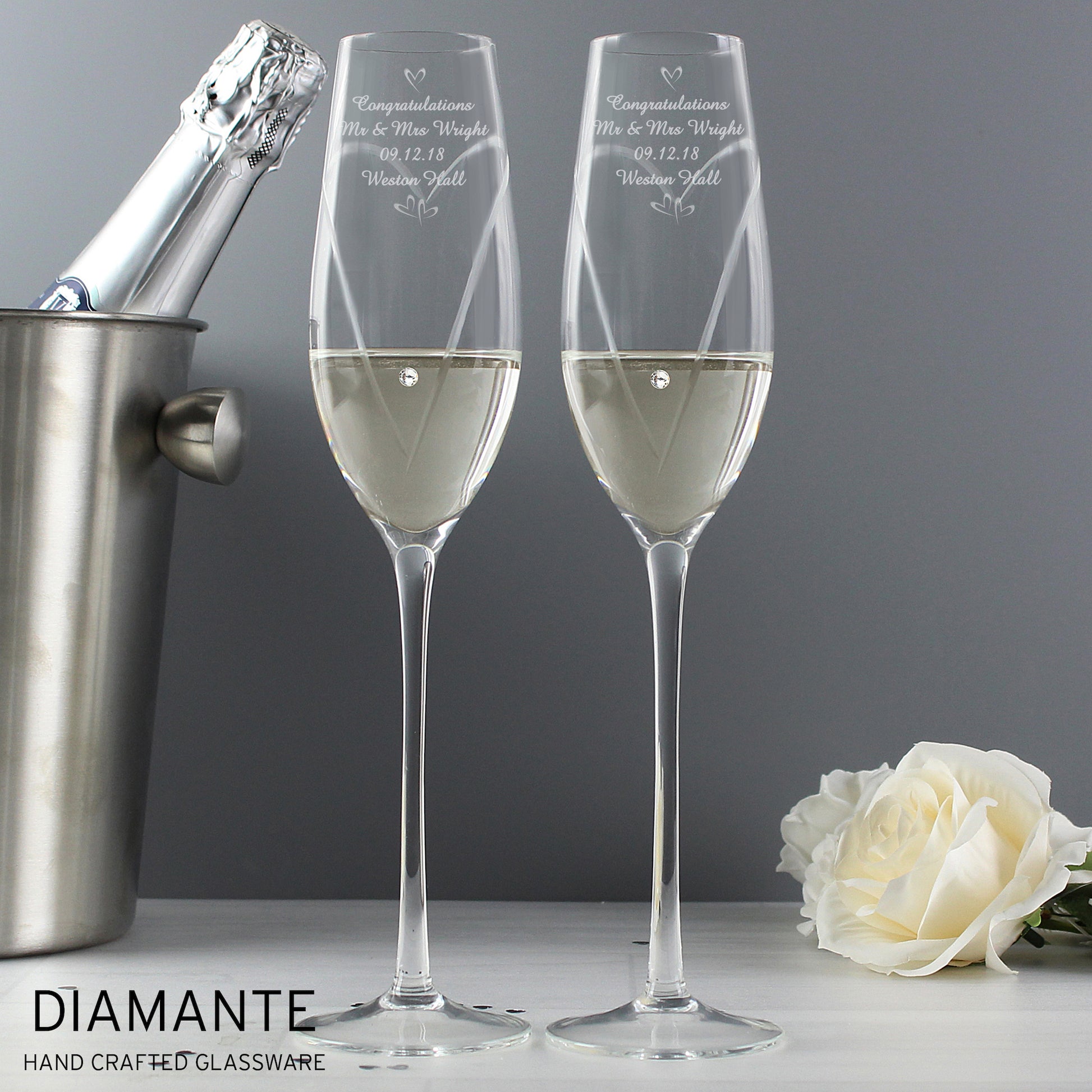 Personalised Swarovski Gems Hand Cut Pair of Flutes with Gift Box