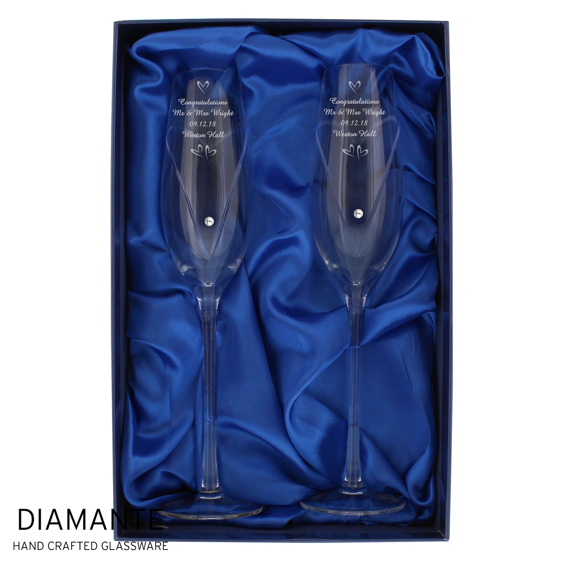 Personalised Swarovski Gems Hand Cut Pair of Flutes with Gift Box