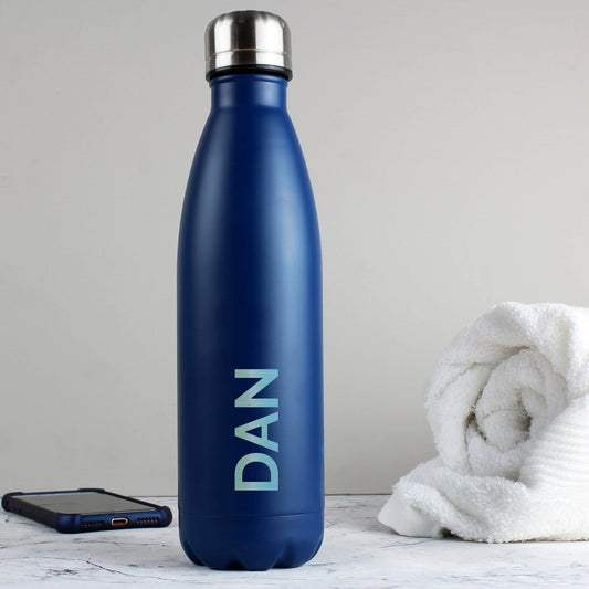 Personalised Bold Name Blue Metal Insulated Drinks Bottle Peach Bomb